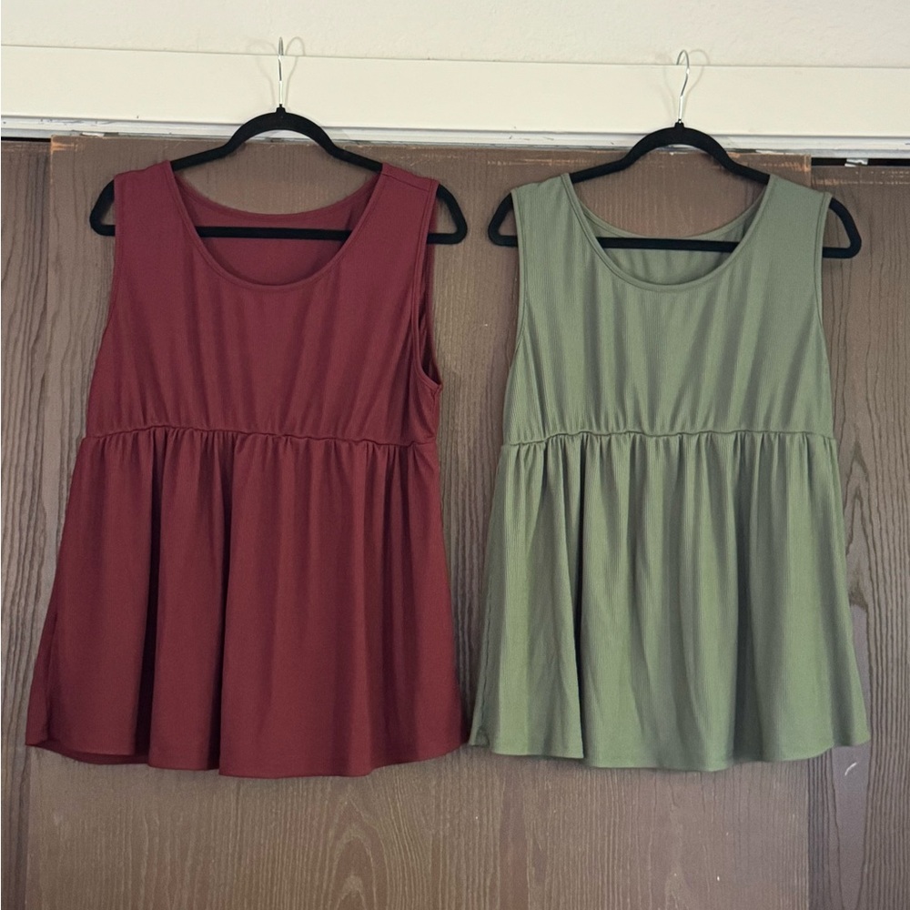Sleeveless Peplum Tank Top - Red and Sage Green